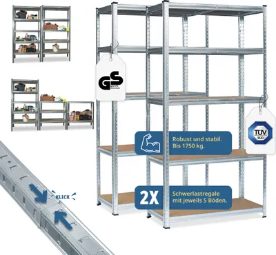 A collage of images showing metal shelving units, including a close-up of a shelf connection and certification badges.