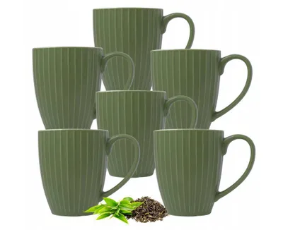 Zdjęcie produktu dla Zestaw 6 filiżanek do kawy, ceramiczne kubki do kawy 360 ml, zielone z rowkami, nadające się do mycia w zmywarce, zestaw filiżanek do herbaty, kubki z rowkowaną strukturą