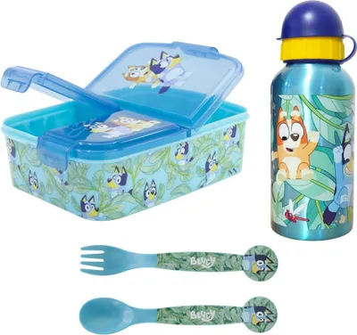 Produktbild von Bluey Bingo Kinder 4 teiliges Set 3 Kammern Brotdose Alu Trinkflasche Besteck