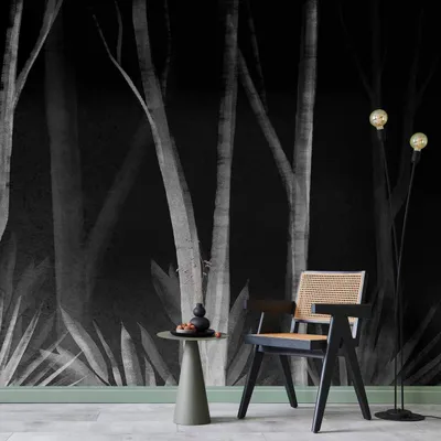 Produktbild von Selbstklebende Folie Fototapete - Noise of the forest at night - minimalist landscape of white trees on a black background 441x315 cm Blätter b-A-10086-a-c