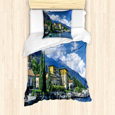 Produktbild von ABAKUHAUS Italien Mantele, Landschaft des Comer Sees, Milbensicher Allergiker geeignet mit Kissenbezügen, 135 cm x 200 cm - 80 x 80 cm, Blau und Grün