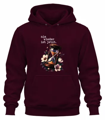 Productafbeelding van Nog nooit meer: Statement hoodie met opdruk "Sanduhr Blumen", sarcastisch, bordeauxrood, maat L