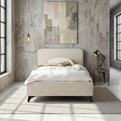 Produktbild von Polsterbett VIRETTA 90x200 in weiß - Einzelbett mit Lattenrost & Chenille Stoffbezug. Bett in modernem Design mit stabilem Holzrahmen & Metallbeine