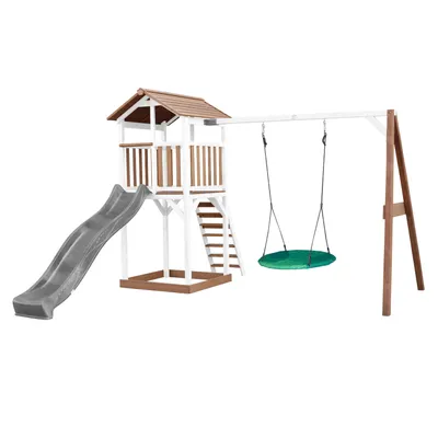 Image de Axi Beach Tower Aire De Jeux Avec Toboggan En Gris,  Balançoire Nid D'Oiseau Vert & Bac À Sable | Grande Maison Enfant Extérieur En Marron & Blanc |
