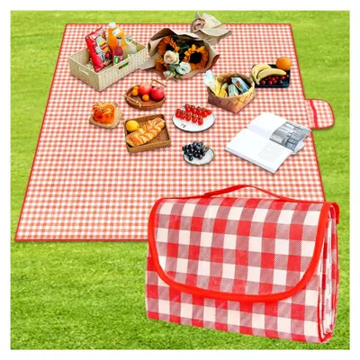 Produktbild von Picknickdecke, 200 x 200 cm, faltbare Campingdecke mit wasserdichter Unterseite, sandfeste Stranddecke mit Tragegriff, waschbar für 3-4 Personen im Freien, Camping, Strand, Park (Rot)