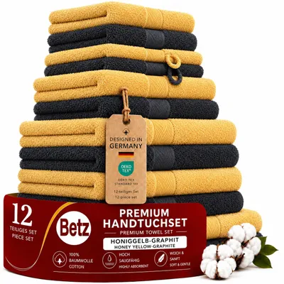 Zdjęcie produktu dla Zestaw ręczników premium Betz, 12-częściowy – 100% bawełna – Certyfikat Oeko-TEX® – wysoka gramatura – zawiera: ręczniki pod prysznic, ręczniki, ręczniki gościnne, ręczniki do twarzy – kolor: miodowy/grafit, productTiles.product.images.aiGenerated