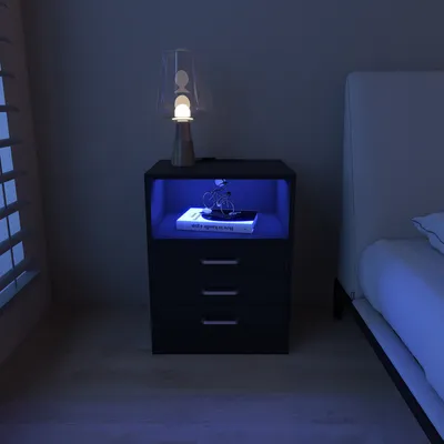 Image de Table de nuit avec éclairage LED avec 3 tiroirs 60×45×35cm noir