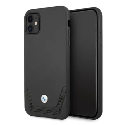 A black iPhone case with a BMW logo is shown against a white background.