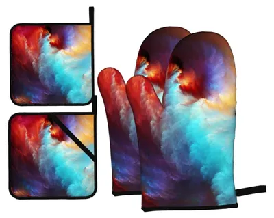 Produktbild von 4-teiliges buntes Ofenhandschuh- und Topflappen-Set, rutschfeste Koch- und Küchenhandschuhe, waschbar, hitzebeständig für Mikrowelle, Grillen und Backen