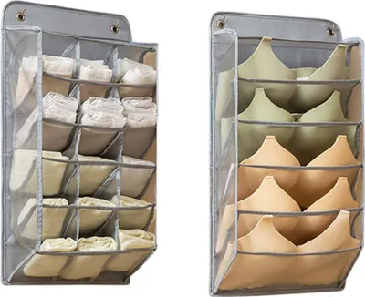 Immagine prodotto di Organizer per biancheria intima – 2 pezzi – 20 scomparti – Separatori per reggiseni per armadio – Contenitore sospeso per biancheria intima – Grigio