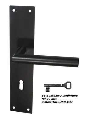 A black door handle set with a key is shown against a white background.