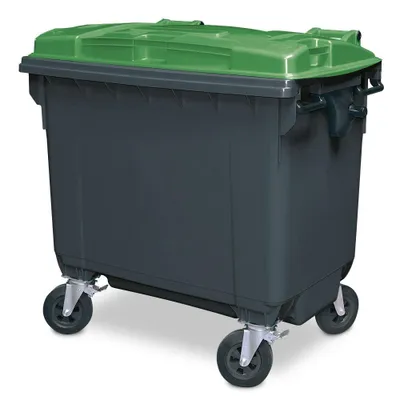 Produktbild von Müllcontainer, 660 Liter, nach EN 840, anthrazit, Deckel grün, BxTxH 1370x775x1165 mm, (PE-HD)