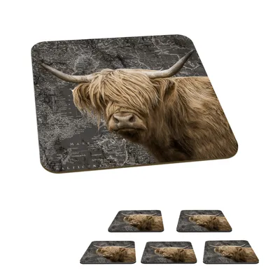 Produktbild von KitchenYeah® Glasuntersetzer Quadratisch 6er Set Schottisches Hochlandrind - Weltkarte - Tiere 10x10 cm Untersetzer für Gläser - Getränkeuntersetzer - Tischplattenschutz - Tischuntersetzer für Tassen
