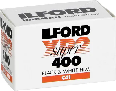 A product shot of a box of Ilford XP2 Super 400 black and white film.