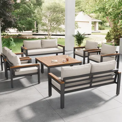 Obrázek produktu pro okwish Zahradní nábytek set (8 dílný) s rámem z pozinkované oceli, zahradní lounge set s akáciovým stolem a područkami, balkonový nábytek šedý