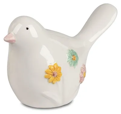 Produktbild von Dekofigur Vogel Blumen H. 10cm weiß bunt aus Keramik handbemalt Formano F26