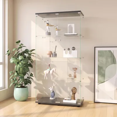 Productafbeelding van INONEFT Glazen displaykast, vrijstaande vitrine met slot, 4-laags glazen displaykast, verzamelvitrine, vitrinekast van hout en glas voor verzamelobjecten, zwart
