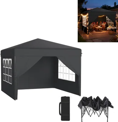 Image de XINZI Pavillon pop-up 2,5 × 2,5 m Pavillon pliable, imperméable et protection UV, montage rapide à l'aide d'un seul bouton, réglable en hauteur sur 3 niveaux,  anthracite (avec 4 parois latérales)
