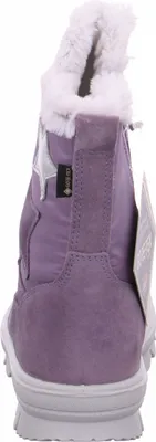 A rear view of a purple boot with white fur lining.