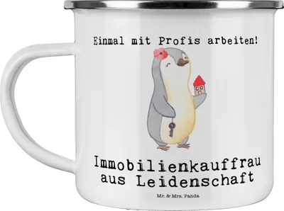 Produktbild von Mr. & Mrs. Panda Haferl Immobilienkauffrau Leidenschaft - Weiß - Geschenk, Ausbildung, Pott, Teetasse, Spruch, emaillebecher, Lustig, Witzig, Kaffeepott, Emaille Tasse
