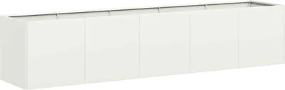 A long, white planter box with six doors or panels.