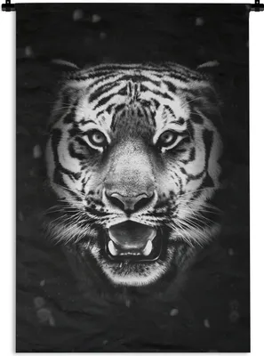 Produktbild von MuchoWow® Wandteppich Wandbehang Tigerkopf vor schwarzem Hintergrund - schwarz und weiß 120x180 cm Tapisserie Dekoration Wandtuch - Schlafzimmer - Dekorationen für das Haus