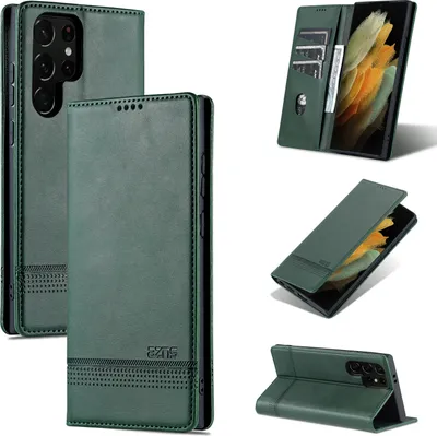Immagine prodotto di Custodia in pelle per Samsung Galaxy S24 Ultra, custodia pieghevole a portafoglio con chiusura magnetica e supporto verde