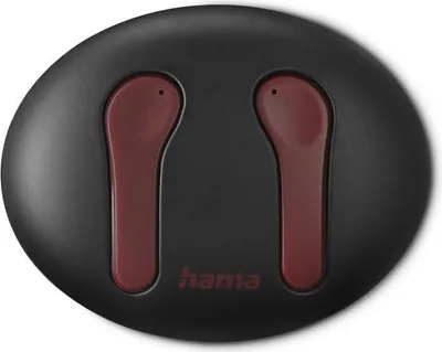 A pair of black and red wireless earbuds in their charging case.