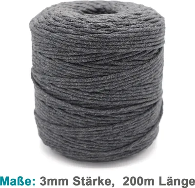 Produktbild von Vershy Makramee Garn - 200m (Stärke: 3mm) - 100% Natürliches, gezwirntes Baumwolle Garn Graphit
