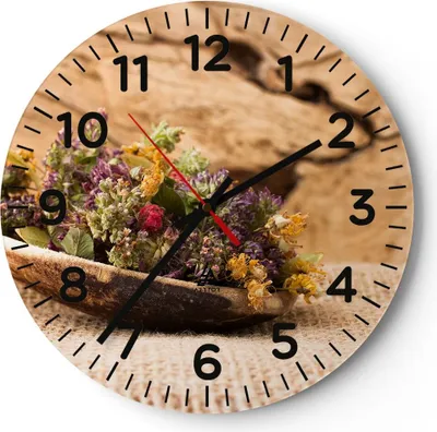 Produktbild von Wanduhr - Rund - Glasuhr - Kraut Tee  getrocknete Kräuter - 40x40cm - Schleichendes Uhrwerk - Lautlos - zum Aufhängen bereit - Dekoration Modern - Wanddekoration aus Glas - C4AR40x40-2471