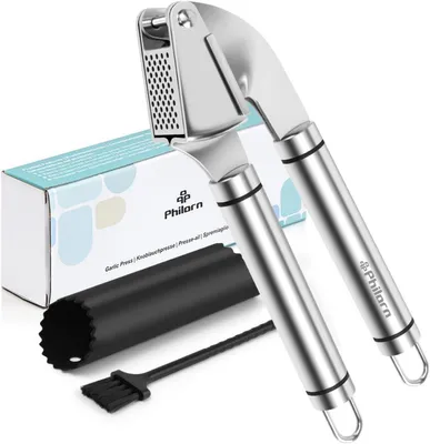 Produktbild von Knoblauchpresse Edelstahl Profi Premium Garlic Press Reinigungsbürsten - Stark & Strapazierfähig - Spülmaschinenfest