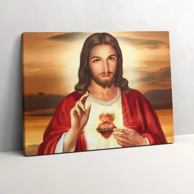 Produktbild von Das Herz von Jesus in einem Holzrahmen – Leinwandbild Wandbild – 80x60 cm – Leinwandbilder – Wandbilder – Schlafzimmer – Flur