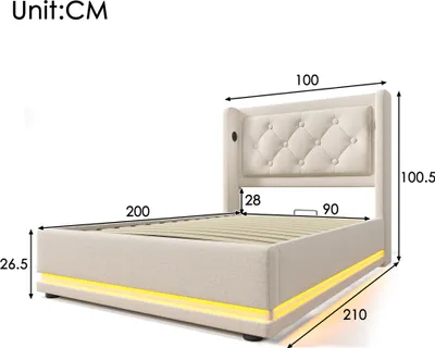 Produktbild von okwish Boxspringbett Polsterbett 90 x 200 cm mit Kopfteil mit USB-Ladeanschluss und LED-Beleuchtung, Hydraulisches Stauraumbett mit Bettkasten Stauraum(Ohne Matratze)- Beige