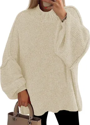 Image de ASKSA Pullover Femme Chauve-souris Oversized Col rond Elégant Casual Tricoté Hiver Haut Pulls (Abricot,M)