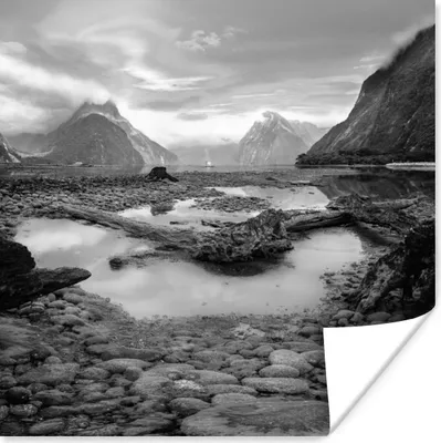 Produktbild von MuchoWow® Poster Neuseeland - Berg - Schwarz - Weiß 100x100 cm - Babyzimmer