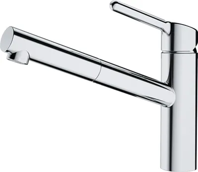 A studio shot of a chrome kitchen faucet with a pull-out spout.