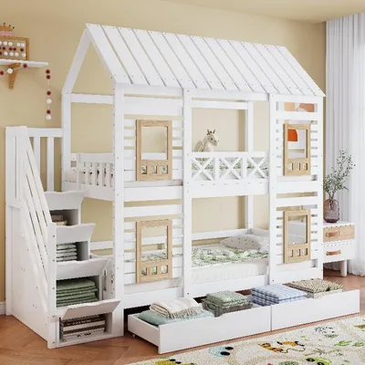Produktbild von Etagenbett 90x200 cm weiß natur aus Kiefer, MDF, Sperrholz mit Stauraumtreppe und Fenster für Kinderzimmer