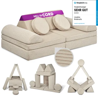 Produktbild von Linodino Spielsofa Cord - Kindersofa | Kinder Couch als Kuschelecke und Fantasiewelt | Kinder Sofa aus Schaumstoff Bausteinen I Elfenzauber Beige