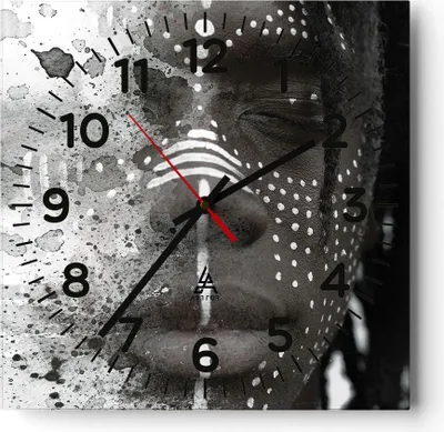 Produktbild von Wanduhr - Quadrat - Glasuhr - Afrikanisch Autochthon Gesicht - 40x40cm - Schleichendes Uhrwerk - Lautlos - zum Aufhängen bereit - Dekoration Modern - Wanddekoration aus Glas - C4AC40x40-4788