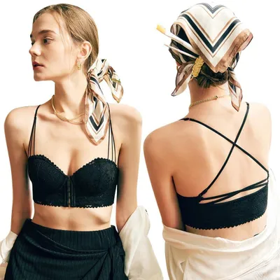 Produktbild von BWOOOWE Spitze Bralette Damen mit Vorderverschluss Bandeau BH ohne Bügel Push Up Bustier Damen Rückenfrei BH mit Spaghettiträgern und Gekreuztem Rücken (Schwarz 32/70AB)