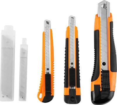 Obrázok produktu pre Sada rezacích nožov NEO TOOLS 1x 18 mm + 2x 9 mm s 20 náhradnými čepeľami, profesionálny rezací nôž s odlamovacou čepeľou na kartón,
