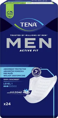 Obrázek produktu pro Vloky pro mue Tena Men Active Fit Level 1 - 24ks - Spolehliv ochrana a pohodl s anatomickm tvarem a vysokou kvalitou.