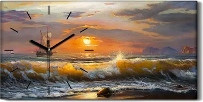 Produktbild von Wanduhr Bürouhr Leinwand Bild 60x30 Gemälde Küste Ozean Meer Sonnenuntergang - schwarze Hände
