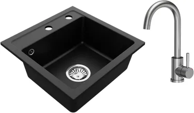 Produktbild von VBChome Granitspüle 44 x 44 cm Schwarz mit Armatur Einzelbecken Einbauspüle Gesprenkelt Pflegeleichtes Spülbecken mit Siphon Ideal für kleine Küchen