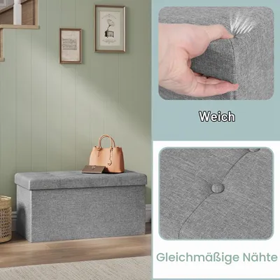 Produktbild von Faltbarer Sitzhocker mit Stauraum und abnehmbarem Deckel, Sitzbank und Aufbewahrungstruhe mit gepolsterter Leinen-Sitzfläche, 76x37,5x38 cm, Hellgrau