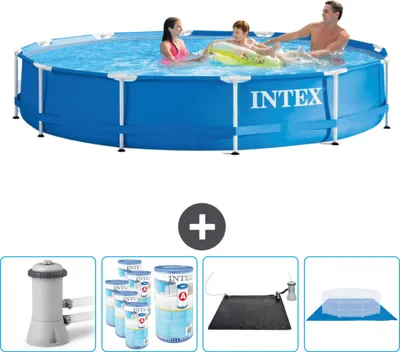 Produktbild von Intex Rundrahmen-Schwimmbecken – 366 x 76 cm – Blau – inklusive Pumpe Filter - Solarmatte - Bodenplane