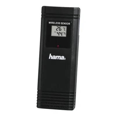 A black wireless sensor displaying temperature and humidity.