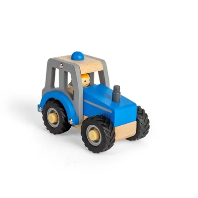Produktbild von BigJigs Holztraktor blau - Spielzeugfahrzeug mit Bauer