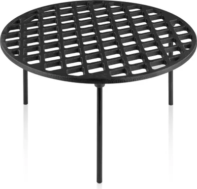 A black cast iron grill grate with three legs, shown from a slightly elevated angle against a white background.