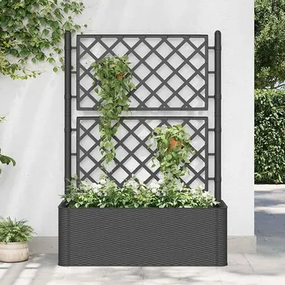 Produktbild von Blumenkasten mit Rankgitter, Pflanzkübel mit Selbstbewässerungssystem Outdoor Pflanzgefäß Garten Hochbeet Kunststoff mit Spalier für Kletterpflanzen & Topfpflanzen, 100x43x142 cm, Anthrazit